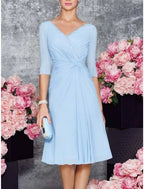 A Line Mother Of The Bride Dress Chiffon Lace Knee Length V Neck Half Sleeve Elegant Petite For Wedding Guests