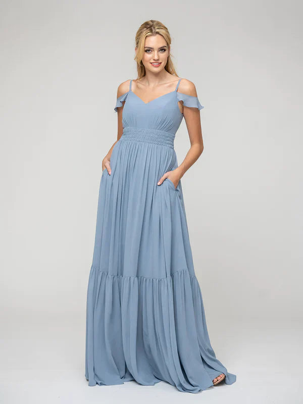 Bridesmaid Dresses Chiffon Pleated Bodice Cold Shoulder Tie Back Elegant Wedding Party