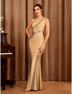 Party Dresses Sexy Dress Wedding Party Floor Length Sleeveless One Shoulder Stretch Satin with Glitter