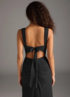 Elegant Bridesmaid Dress with Square Neckline, Tie-Back and Ruched Side