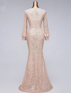 Evening Gown Elegant Dress Wedding Guest Floor Length Long Sleeve V Neck Tulle with Sequin Slit
