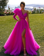 Prom Dresses A Line One Shoulder Long Sleeves With Slit