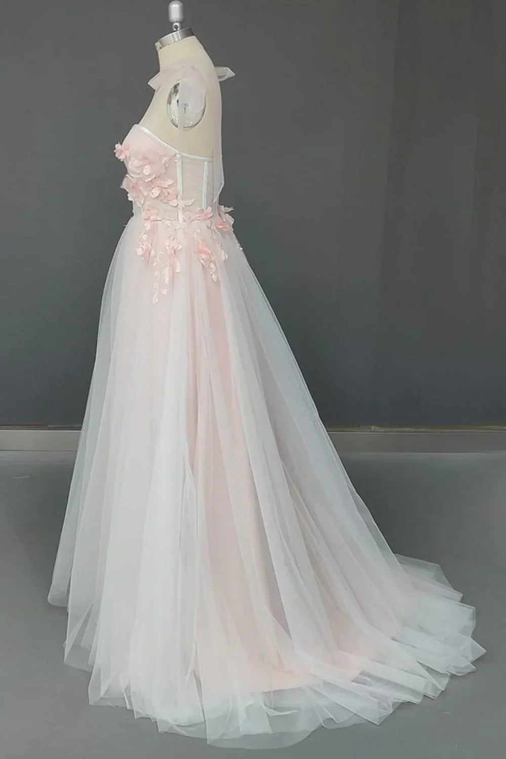 Prom Dresses A-Line Sweetheart Tulle Applique Open Back Long with Flowers
