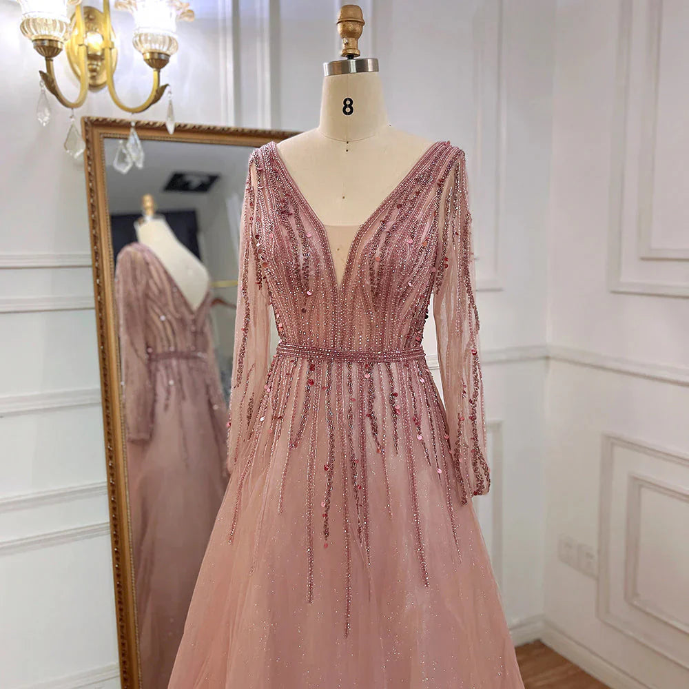 Prom Dresses A-Line V-Neck Long Sleeves Tulle Crystal Sequined Beading