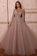 Prom Dresses A-Line V-Neck Long Sleeves Tulle Crystal Sequined Beading