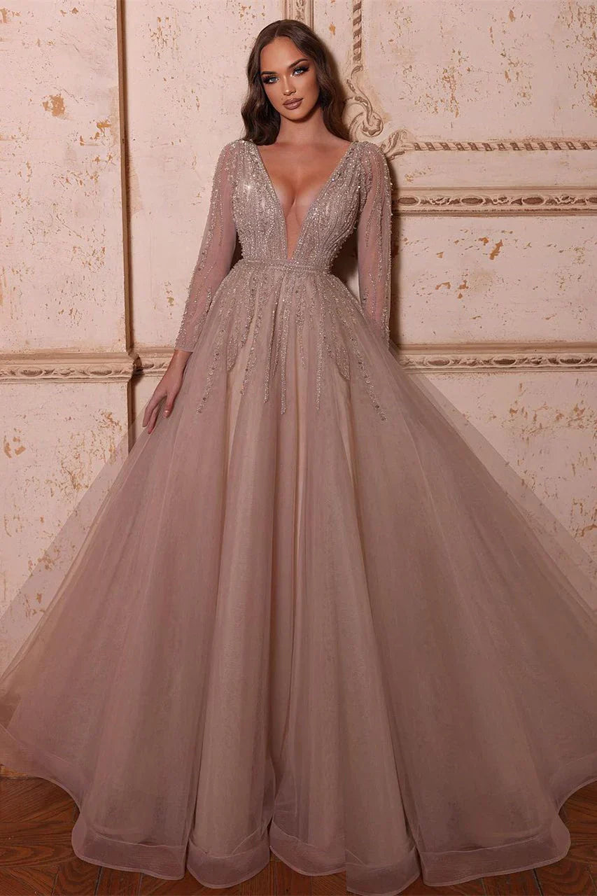 Prom Dresses A-Line V-Neck Long Sleeves Tulle Crystal Sequined Beading