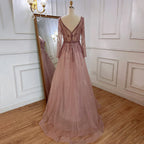 Prom Dresses A-Line V-Neck Long Sleeves Tulle Crystal Sequined Beading