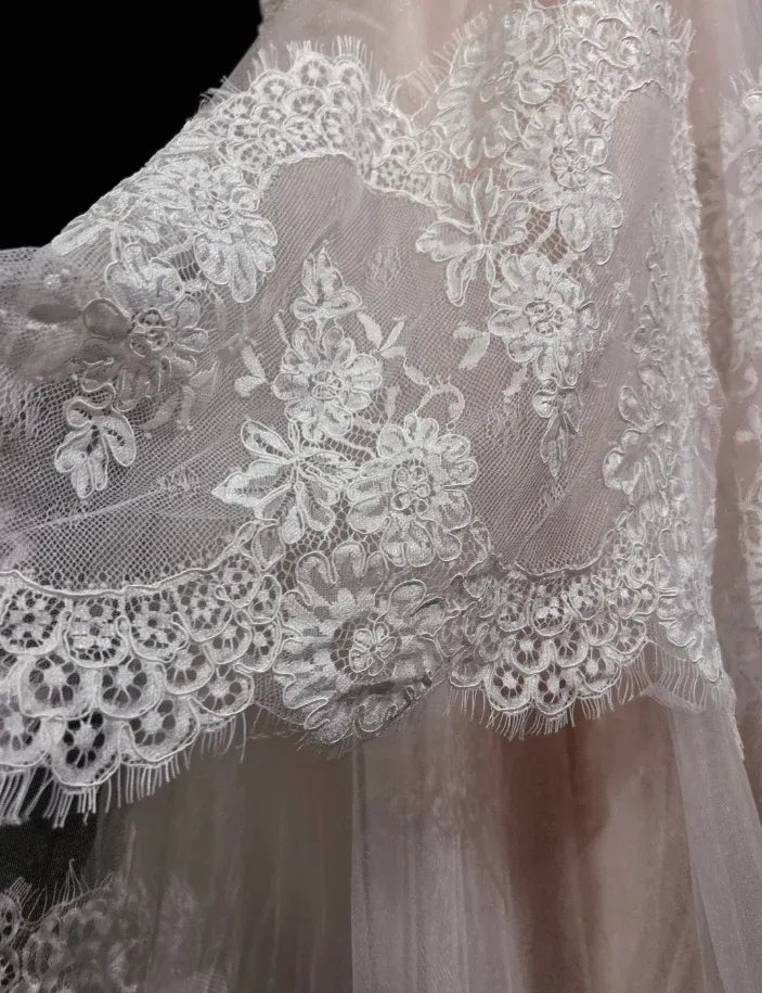 A-Line Halter Lace Beaded Wedding Dress Ruched Blush Prom Dress With Train