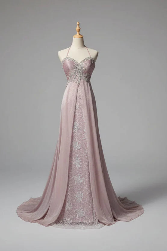 A-Line Halter Lace Beaded Wedding Dress Ruched Blush Prom Dress With Train