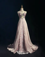 A-Line Halter Lace Beaded Wedding Dress Ruched Blush Prom Dress With Train