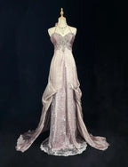 A-Line Halter Lace Beaded Wedding Dress Ruched Blush Prom Dress With Train