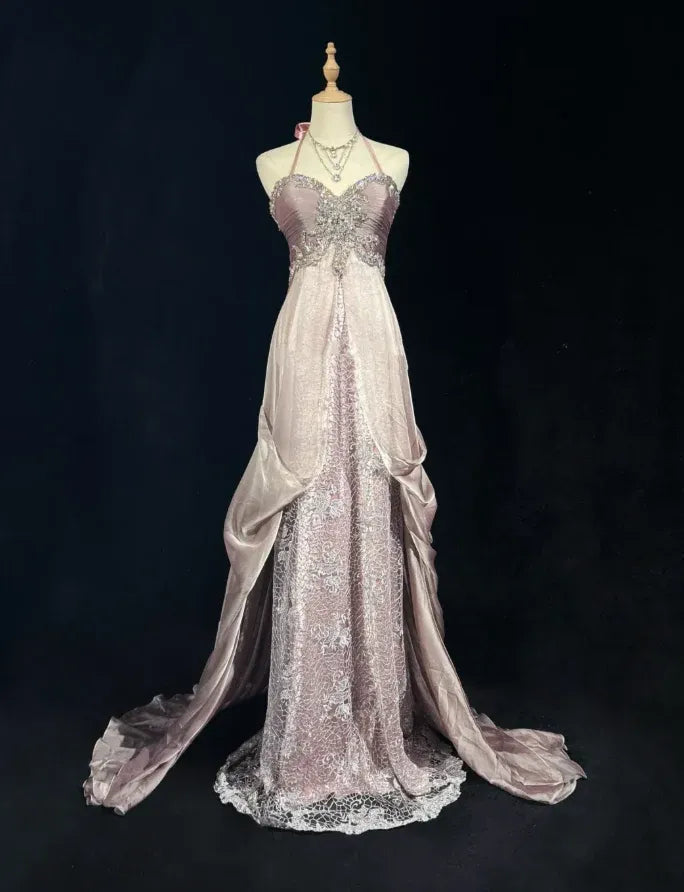 A-Line Halter Lace Beaded Wedding Dress Ruched Blush Prom Dress With Train