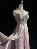 A-Line Halter Lace Beaded Wedding Dress Ruched Blush Prom Dress With Train