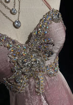 A-Line Halter Lace Beaded Wedding Dress Ruched Blush Prom Dress With Train