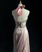 A-Line Halter Lace Beaded Wedding Dress Ruched Blush Prom Dress With Train