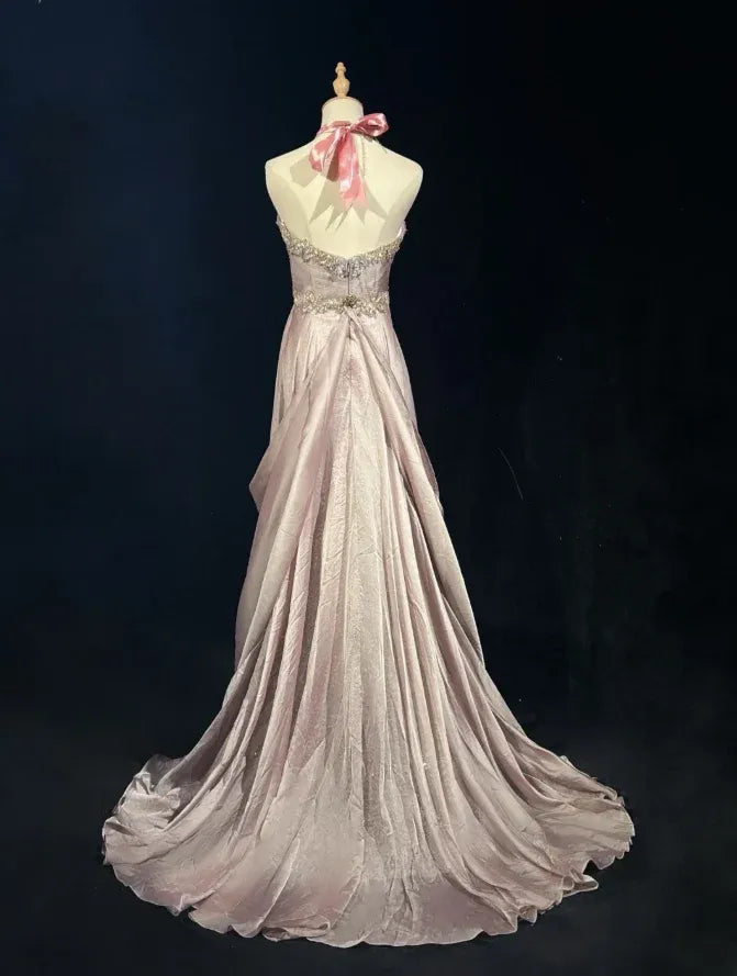 A-Line Halter Lace Beaded Wedding Dress Ruched Blush Prom Dress With Train