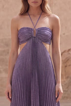 A Line Halter Neck Prom Dress With Cutout Ruched Bodice In Metallic Lavender For Women