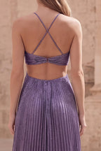 A Line Halter Neck Prom Dress With Cutout Ruched Bodice In Metallic Lavender For Women