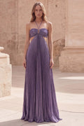 A Line Halter Neck Prom Dress With Cutout Ruched Bodice In Metallic Lavender For Women