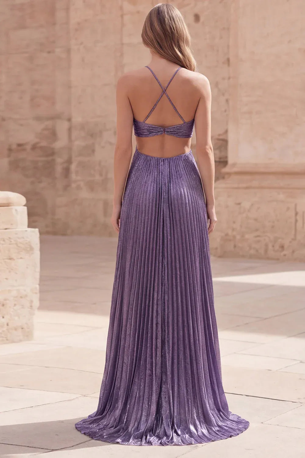 A Line Halter Neck Prom Dress With Cutout Ruched Bodice In Metallic Lavender For Women