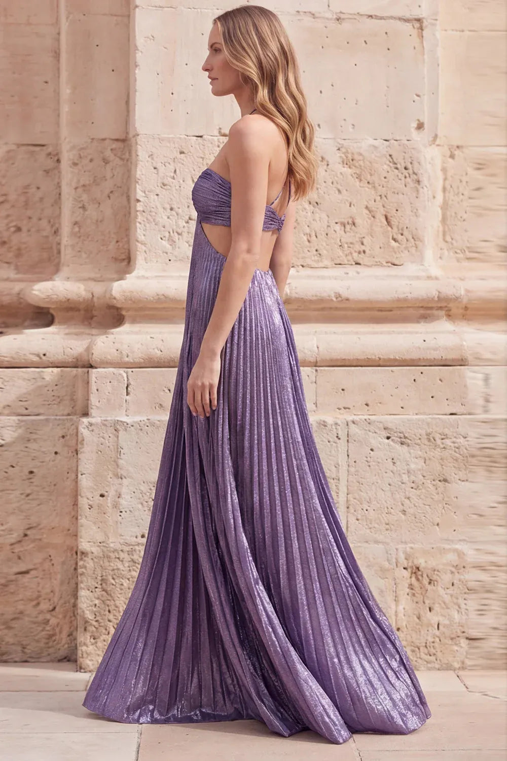 A Line Halter Neck Prom Dress With Cutout Ruched Bodice In Metallic Lavender For Women