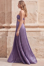 A Line Halter Neck Prom Dress With Cutout Ruched Bodice In Metallic Lavender For Women