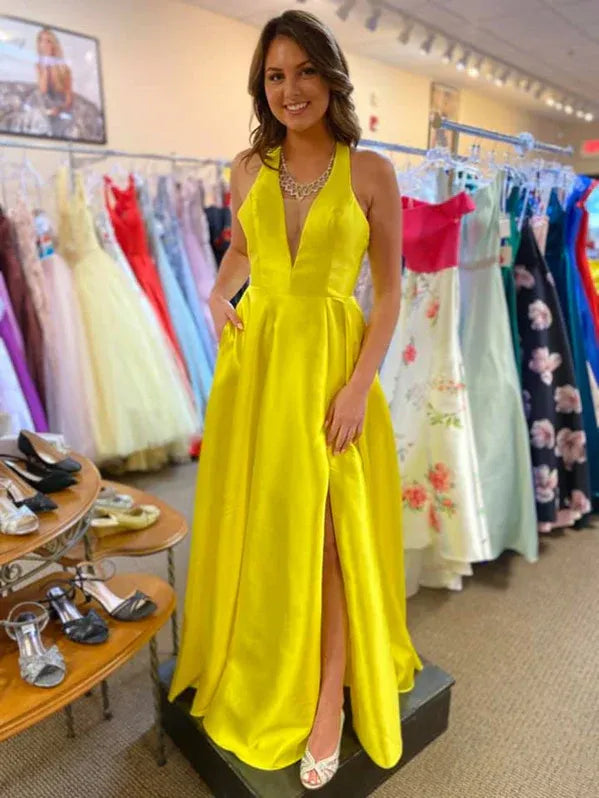 Prom Dress Satin A-Line Halter V-Neck Open Back With Pockets Glamorous Yellow Floor-Length For Teens