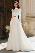 A-Line High Neck Long Sleeve Cutout Ivory Maxi Wedding Dress For Sale
