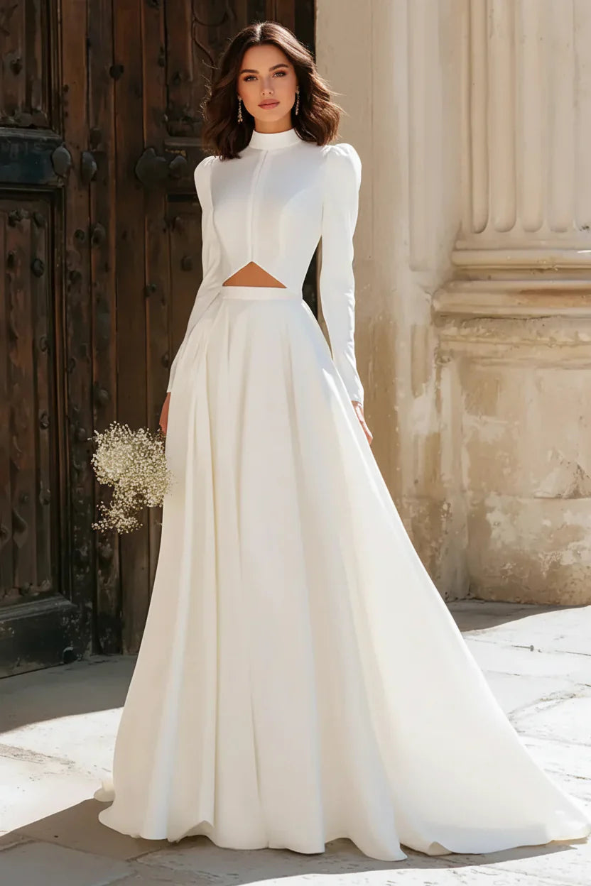 A-Line High Neck Long Sleeve Cutout Ivory Maxi Wedding Dress For Sale