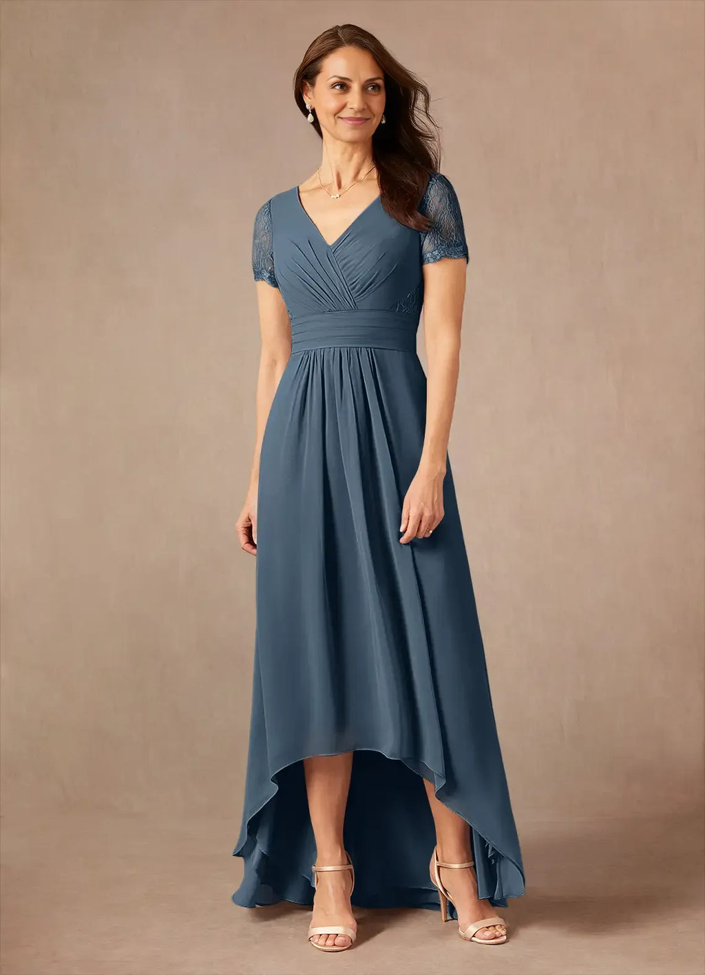 A-Line Asymmetrical-Length Dress Short Sleeves Solid Color Fashion V-Neck Mother of the Bride Dress