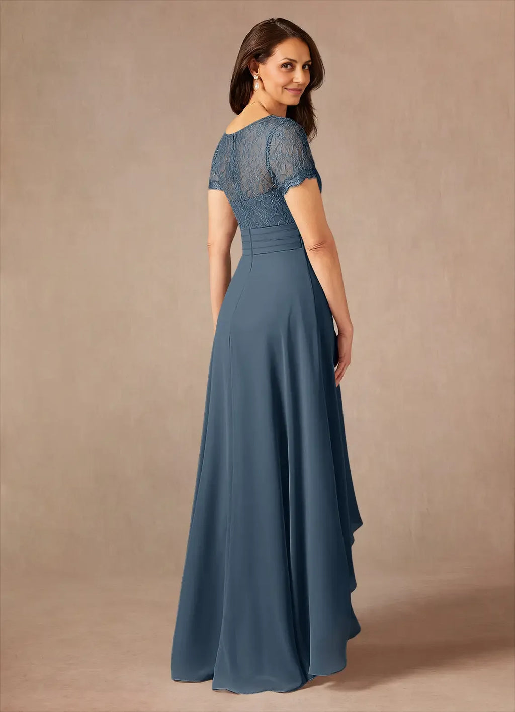 A-Line Asymmetrical-Length Dress Short Sleeves Solid Color Fashion V-Neck Mother of the Bride Dress