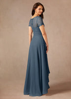 A-Line Asymmetrical-Length Dress Short Sleeves Solid Color Fashion V-Neck Mother of the Bride Dress