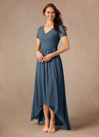 A-Line Asymmetrical-Length Dress Short Sleeves Solid Color Fashion V-Neck Mother of the Bride Dress