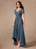 A-Line Asymmetrical-Length Dress Short Sleeves Solid Color Fashion V-Neck Mother of the Bride Dress