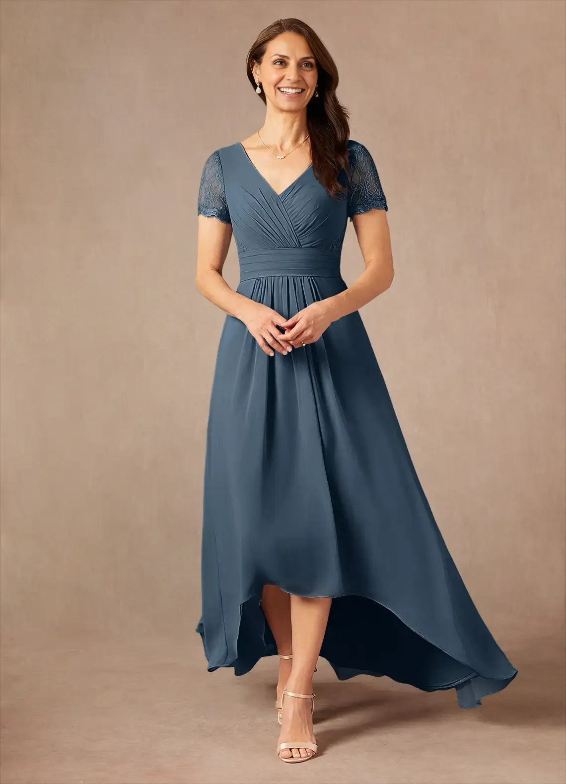 A-Line Asymmetrical-Length Dress Short Sleeves Solid Color Fashion V-Neck Mother of the Bride Dress