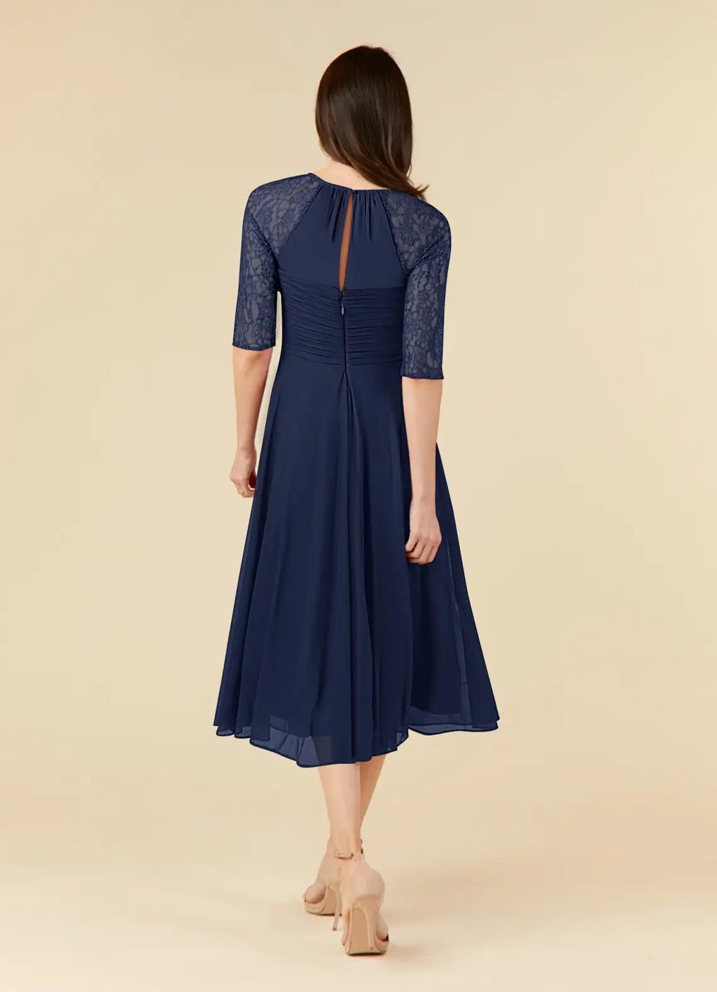 Navy Dark A-Line Tea-Length Dress Three-Quarter Sleeve Solid Color Simple Scoop Neck Mother of the Bride Dress