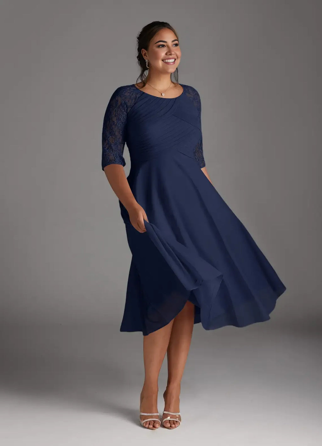 Navy Dark A-Line Tea-Length Dress Three-Quarter Sleeve Solid Color Simple Scoop Neck Plus Size Mother of the Bride Dress