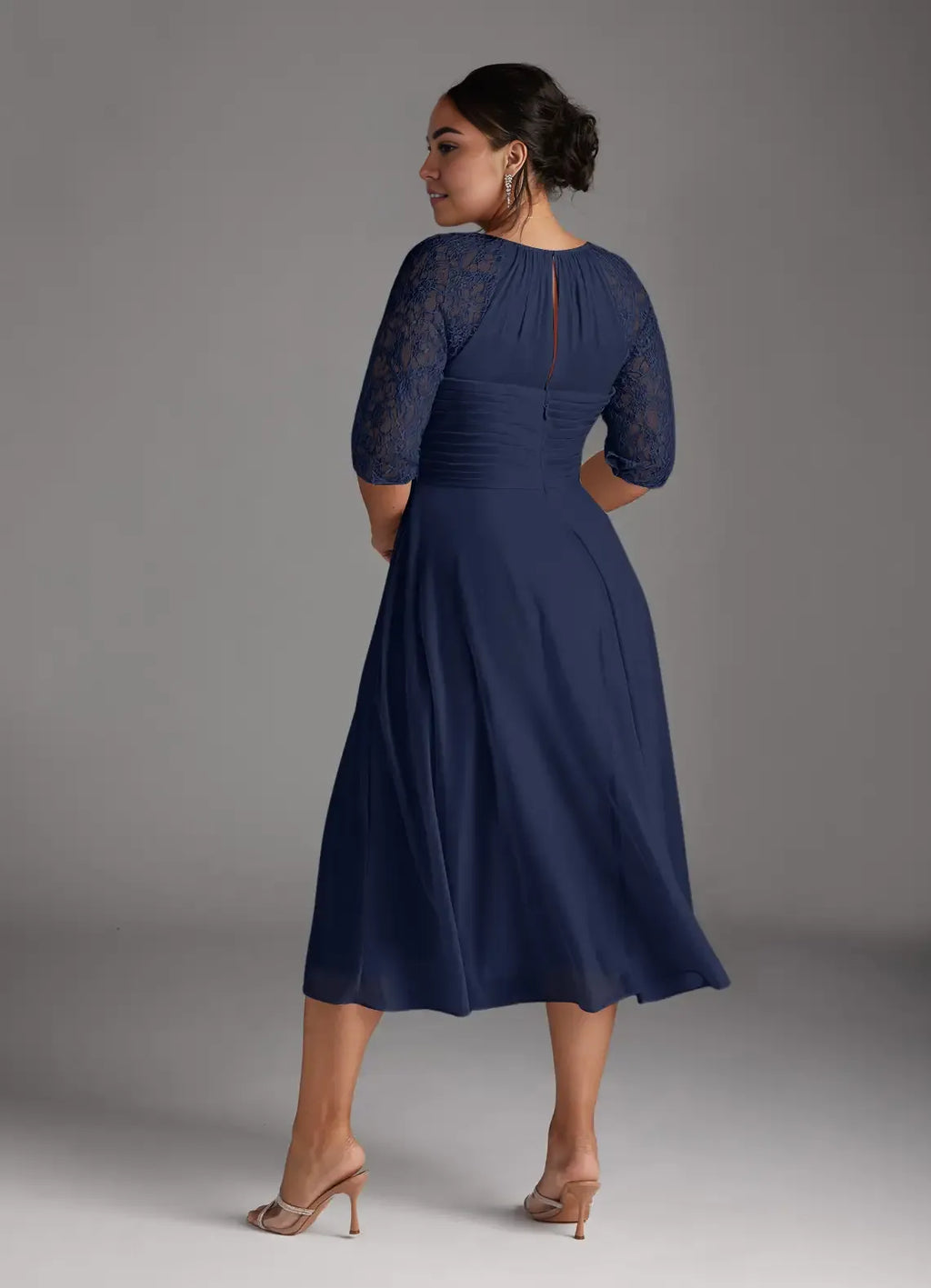 Navy Dark A-Line Tea-Length Dress Three-Quarter Sleeve Solid Color Simple Scoop Neck Plus Size Mother of the Bride Dress