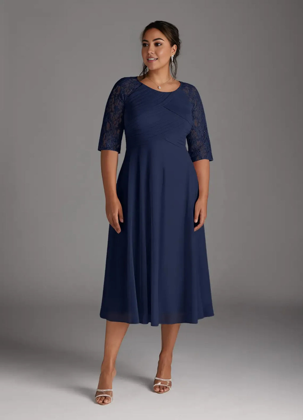 Navy Dark A-Line Tea-Length Dress Three-Quarter Sleeve Solid Color Simple Scoop Neck Plus Size Mother of the Bride Dress
