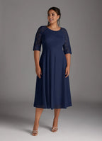Navy Dark A-Line Tea-Length Dress Three-Quarter Sleeve Solid Color Simple Scoop Neck Plus Size Mother of the Bride Dress