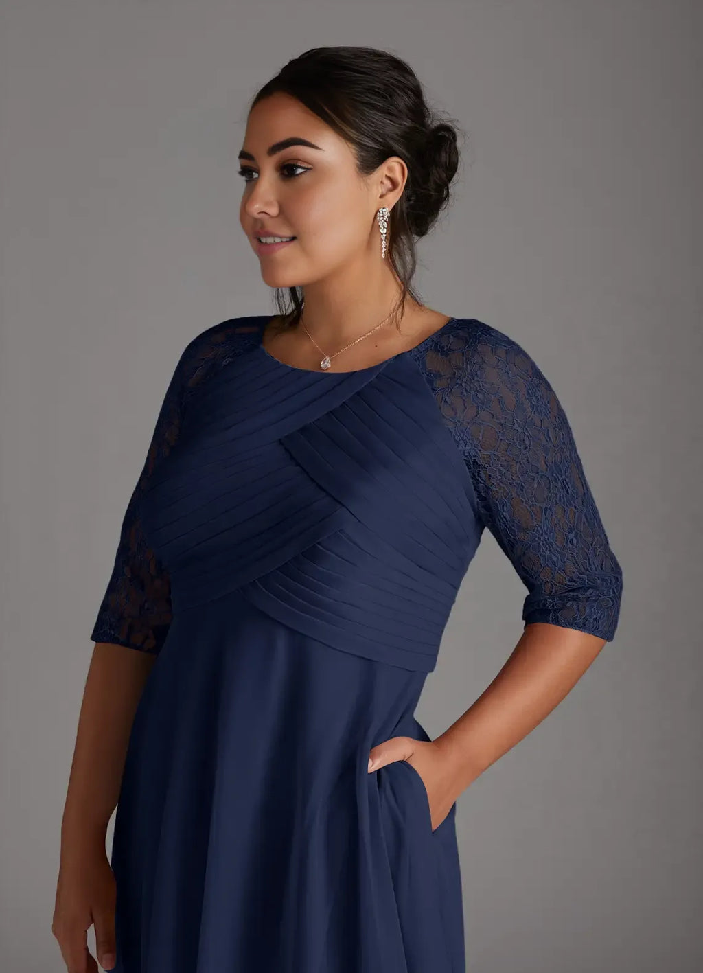 Navy Dark A-Line Tea-Length Dress Three-Quarter Sleeve Solid Color Simple Scoop Neck Plus Size Mother of the Bride Dress