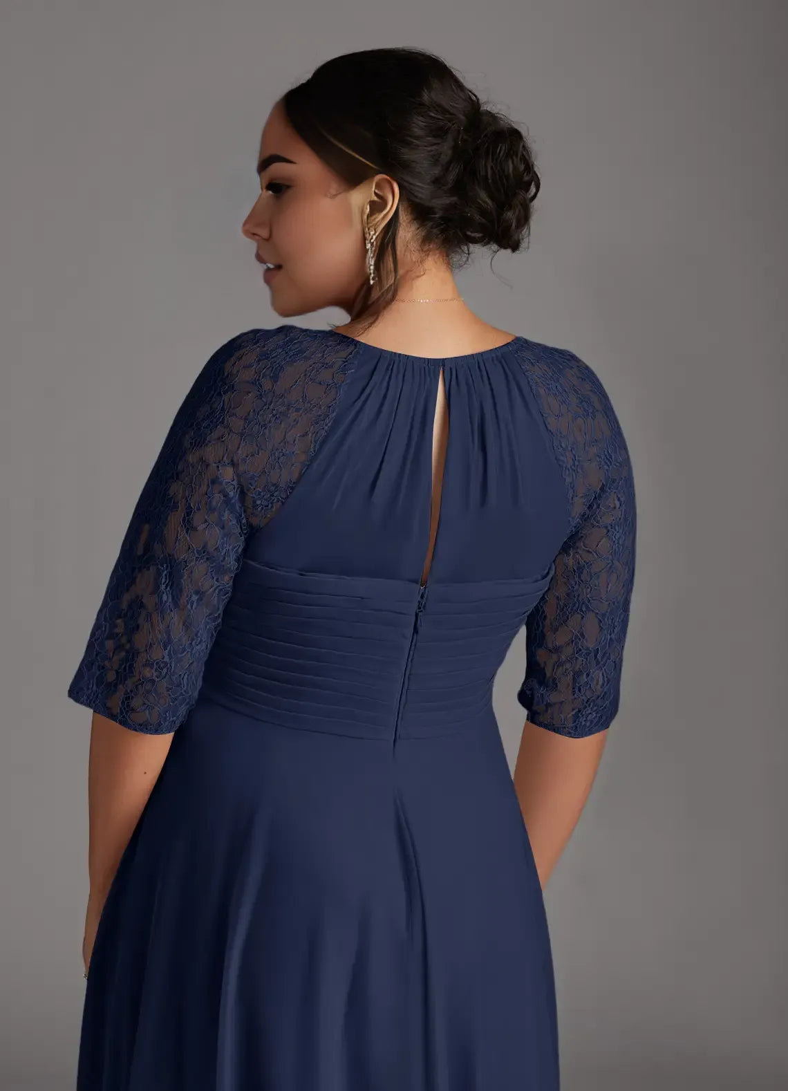 Navy Dark A-Line Tea-Length Dress Three-Quarter Sleeve Solid Color Simple Scoop Neck Plus Size Mother of the Bride Dress