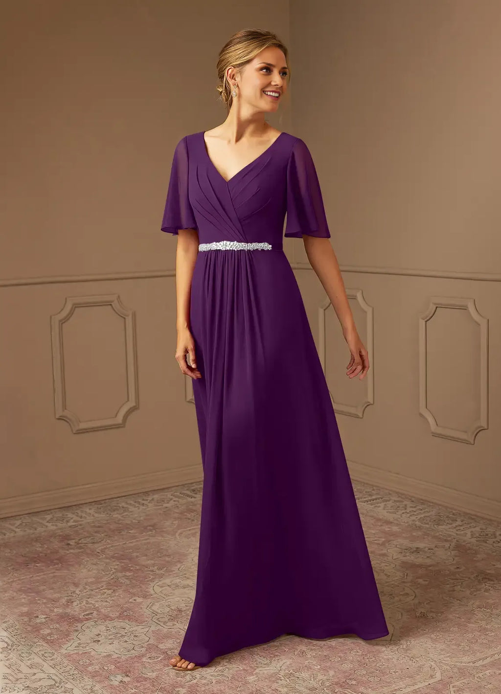 Dress Grape V-Neck Pleated A-Line Mother Of The Bride Evening Dress Minimalist Flutter Sleeve Plus Size Mother Of The Groom Dresses