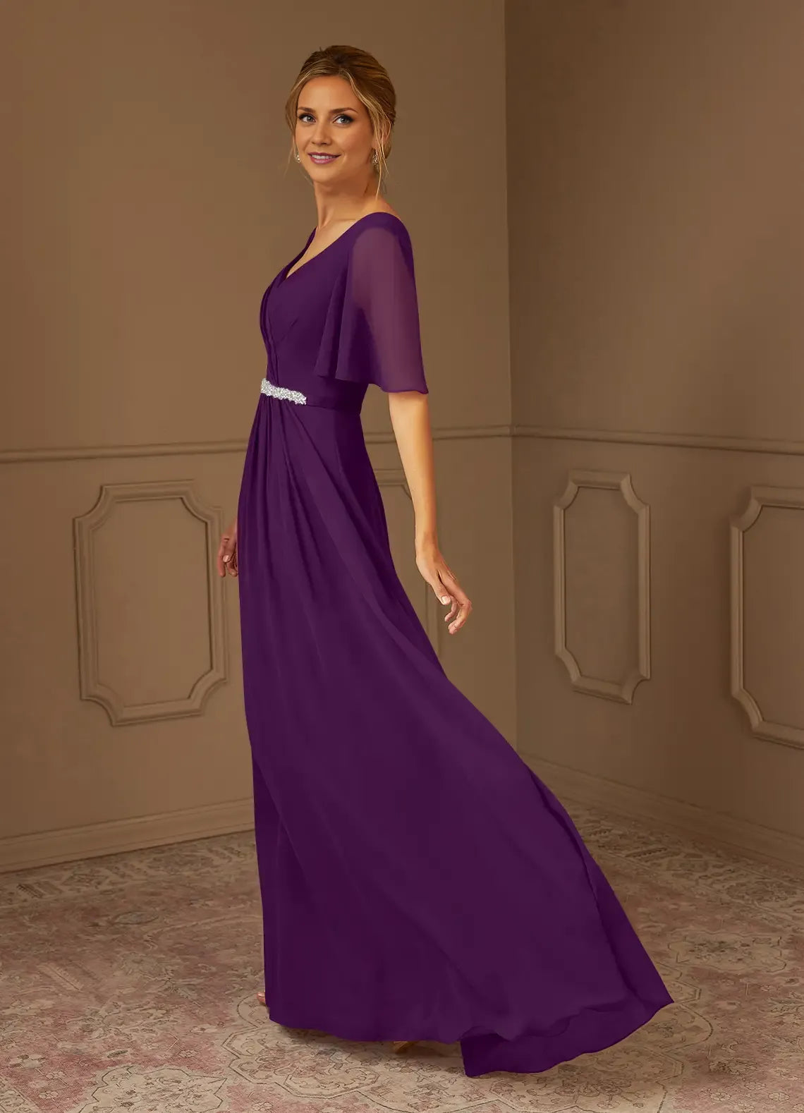 Dress Grape V-Neck Pleated A-Line Mother Of The Bride Evening Dress Minimalist Flutter Sleeve Plus Size Mother Of The Groom Dresses