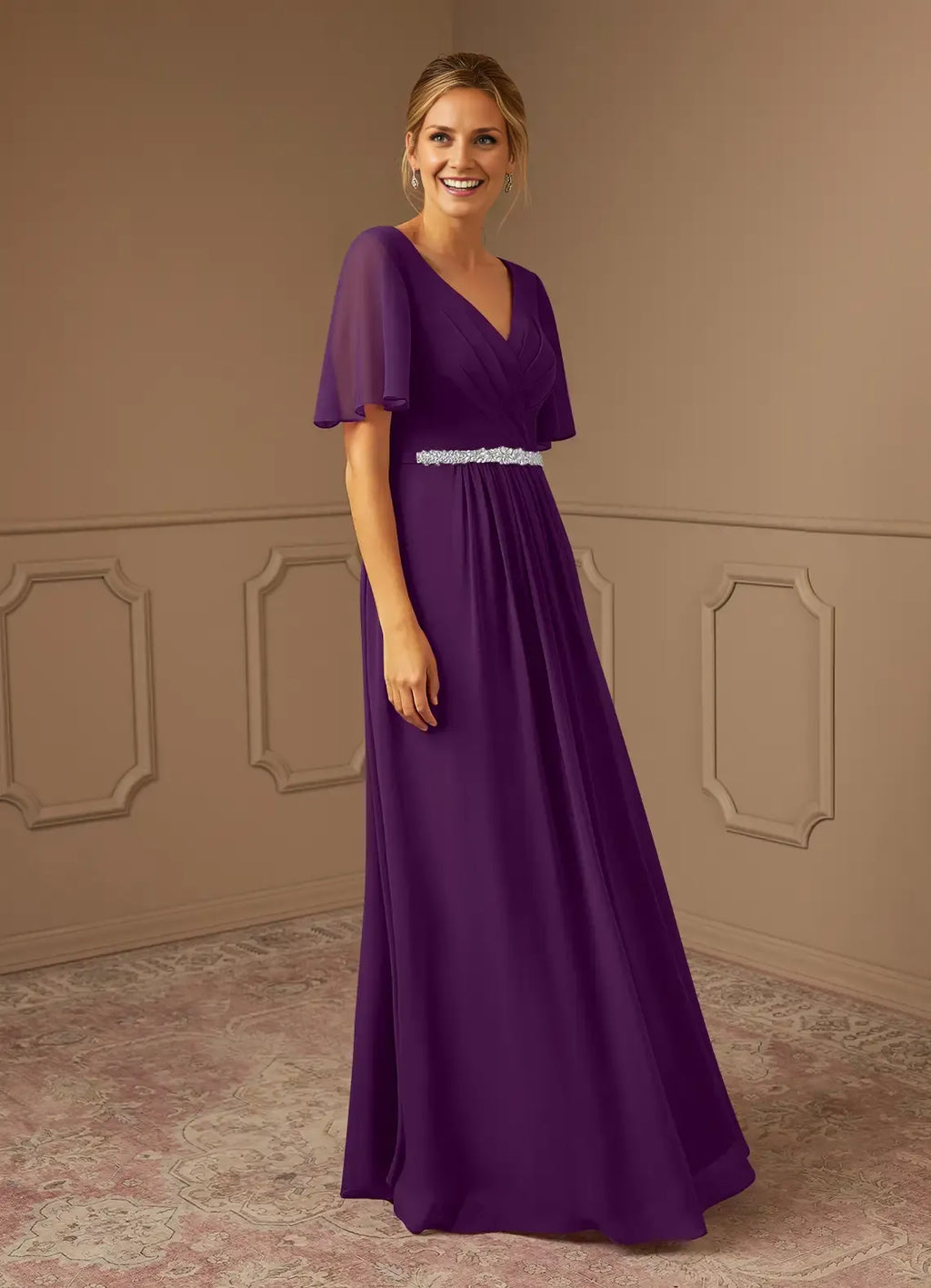 Dress Grape V-Neck Pleated A-Line Mother Of The Bride Evening Dress Minimalist Flutter Sleeve Plus Size Mother Of The Groom Dresses