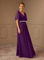 Dress Grape V-Neck Pleated A-Line Mother Of The Bride Evening Dress Minimalist Flutter Sleeve Plus Size Mother Of The Groom Dresses