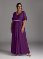 Dress Grape V-Neck Pleated A-Line Mother Of The Bride Evening Dress Minimalist Flutter Sleeve Plus Size Mother Of The Groom Dresses