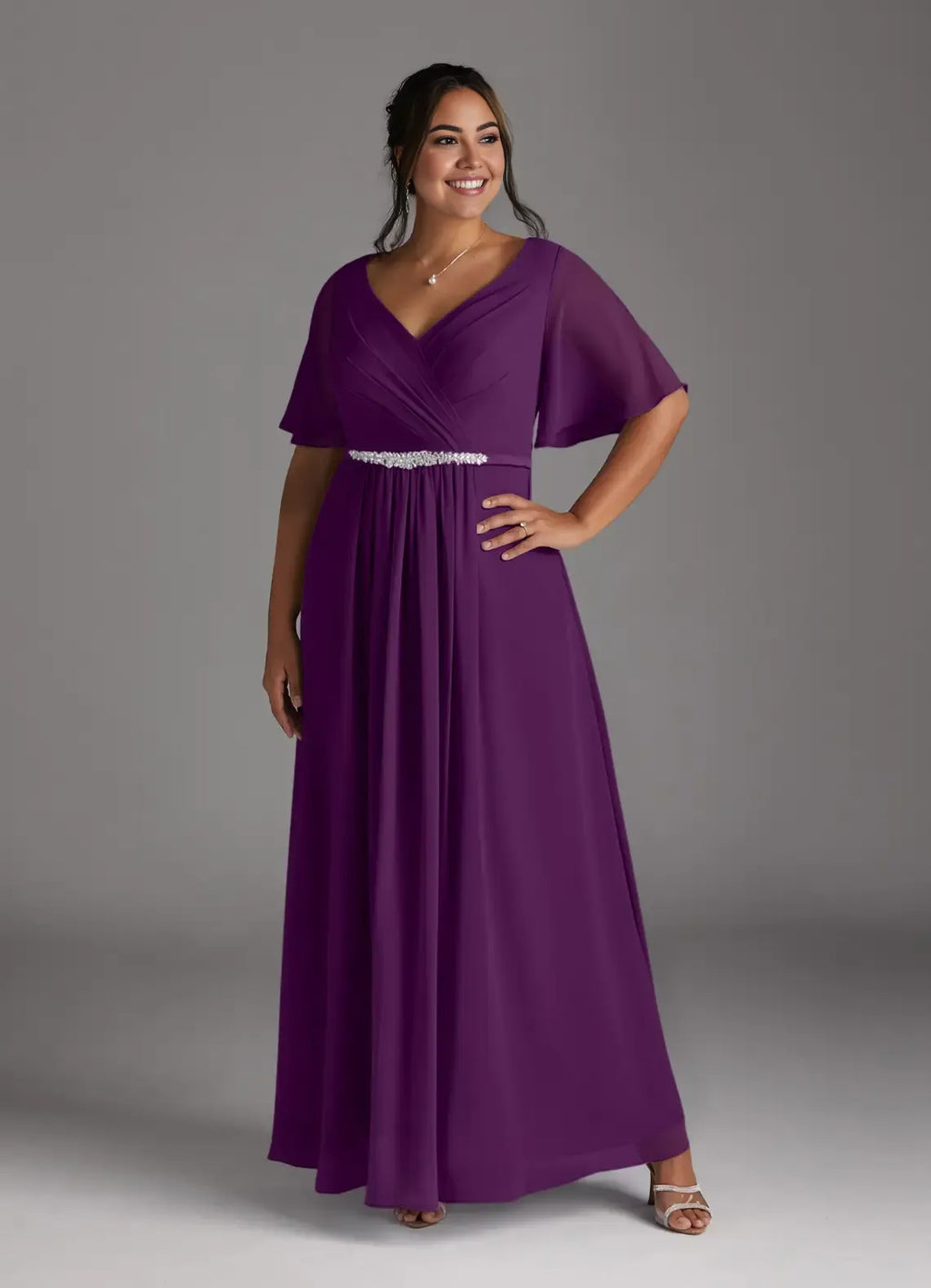 Dress Grape V-Neck Pleated A-Line Mother Of The Bride Evening Dress Minimalist Flutter Sleeve Plus Size Mother Of The Groom Dresses