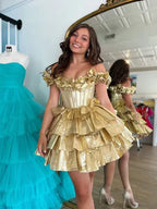 A-Line Off-Shoulder Coreset Ruffled Gold Short Homecoming Dress For Sale