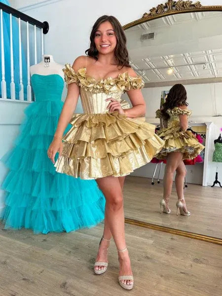 A-Line Off-Shoulder Coreset Ruffled Gold Short Homecoming Dress For Sale